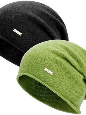 Unisex Black & Green 100% Wool Warm Knit Pull-On Winter Slouchy Skull Beanie Cap